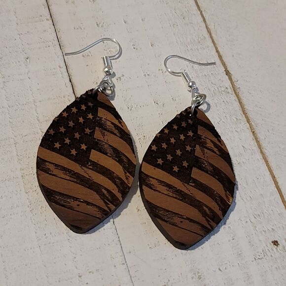 Handmade American Flag Dangle Earrings – Laser Cut Wood Patriotic Jewelry - Picture 4 of 7